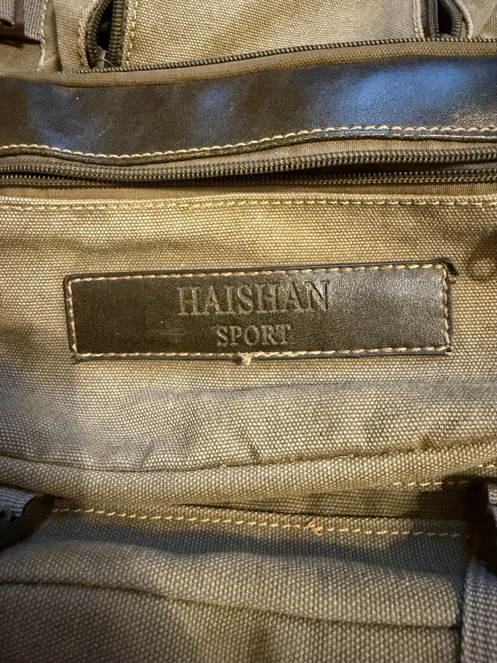 HAISHAN Sport Canvas & Leather Backpack in Olive with Dark Brown Accents